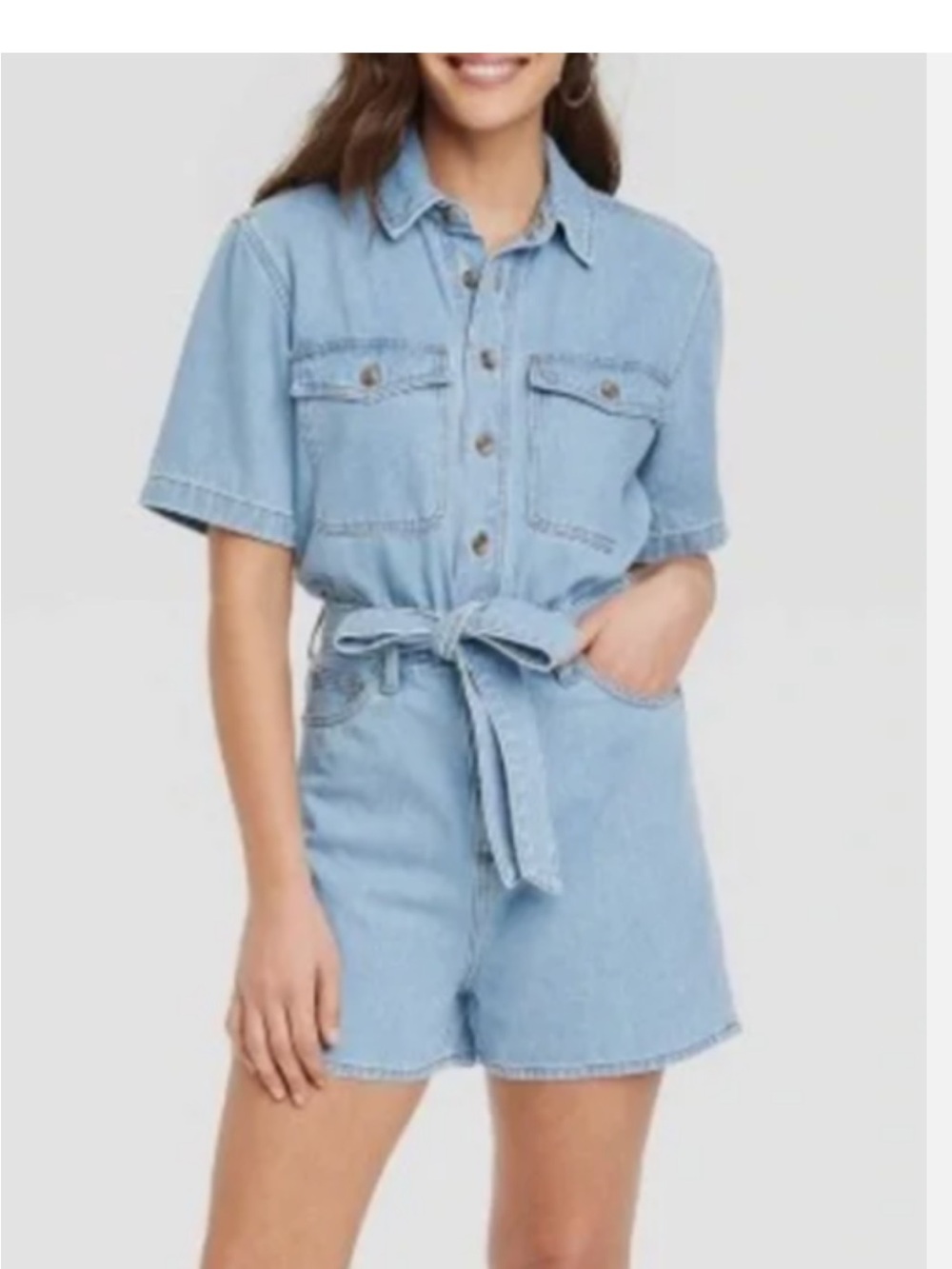 Universal Thread Light Blue Denim Tie-Waist Jean Shorts Romper